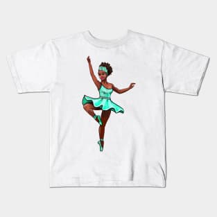 Ballet Dancer in green tutu dancing cute black girl African American brown skin ballerina - Dance Kids T-Shirt